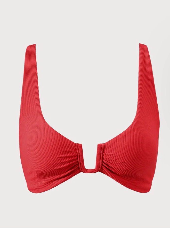 Red Ribbed V-Notch Bikini Top - Women
